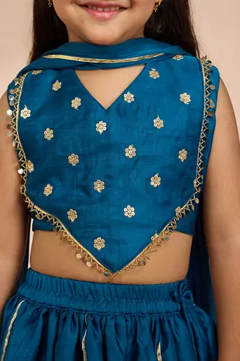 girls' Turquoise satin lehenga set with embroidery - navratri collection