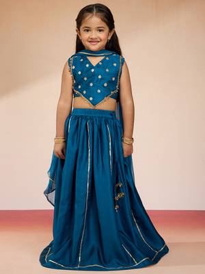 girls' Turquoise satin lehenga set with embroidery - navratri collection 3