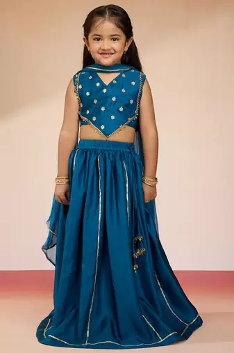 girls' Turquoise satin lehenga set with embroidery - navratri collection