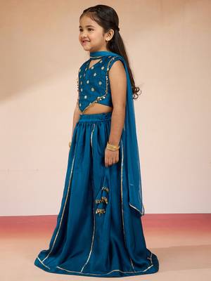 girls' Turquoise satin lehenga set with embroidery - navratri collection 4
