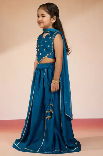 girls' Turquoise satin lehenga set with embroidery - navratri collection