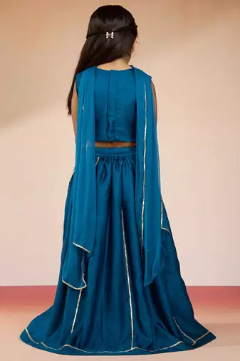 girls' Turquoise satin lehenga set with embroidery - navratri collection