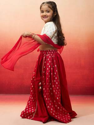 girls White viscose lehenga set - traditional embroidered festive outfit for navratri & durga puja 2