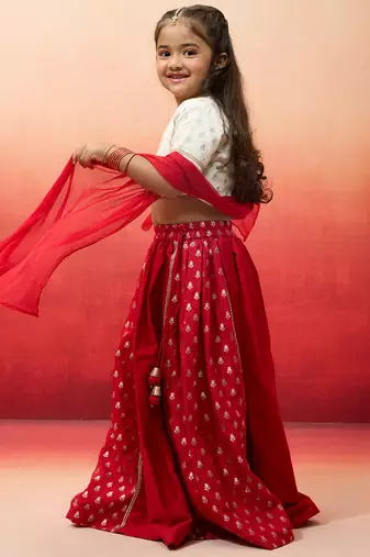 girls White viscose lehenga set - traditional embroidered festive outfit for navratri & durga puja