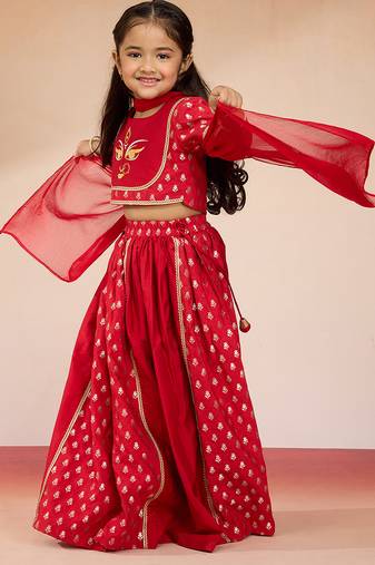 Vastramay girls red viscose lehenga set - traditional embroidered festive outfit for navratri & durga puja