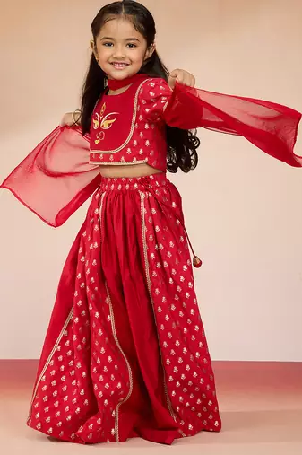 Vastramay girls red viscose lehenga set - traditional embroidered festive outfit for navratri & durga puja