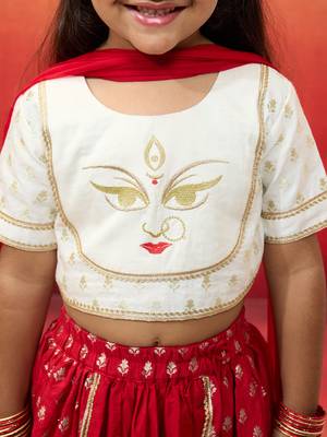 girls White viscose lehenga set - traditional embroidered festive outfit for navratri & durga puja 3
