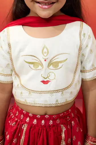 girls White viscose lehenga set - traditional embroidered festive outfit for navratri & durga puja