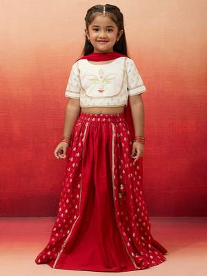 girls White viscose lehenga set - traditional embroidered festive outfit for navratri & durga puja 1