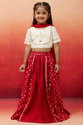 girls White viscose lehenga set - traditional embroidered festive outfit for navratri & durga puja