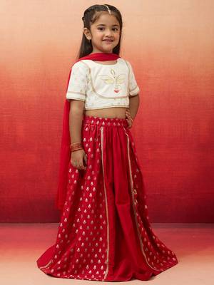 girls White viscose lehenga set - traditional embroidered festive outfit for navratri & durga puja 4
