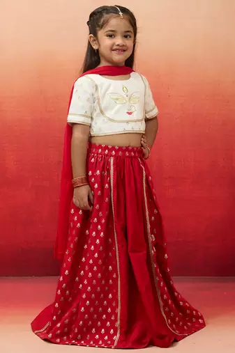 girls White viscose lehenga set - traditional embroidered festive outfit for navratri & durga puja