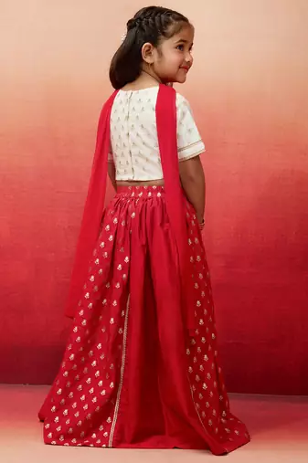 girls White viscose lehenga set - traditional embroidered festive outfit for navratri & durga puja