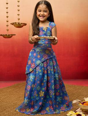 girls blue organza lehenga set - embroidered diwali festival outfit 1