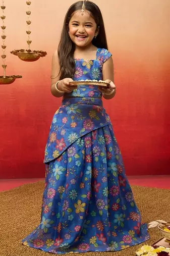 Vastramay girls blue organza lehenga set - embroidered diwali festival outfit