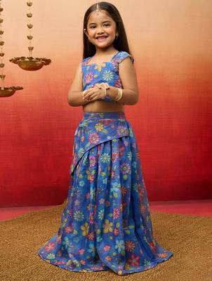 girls blue organza lehenga set - embroidered diwali festival outfit 4