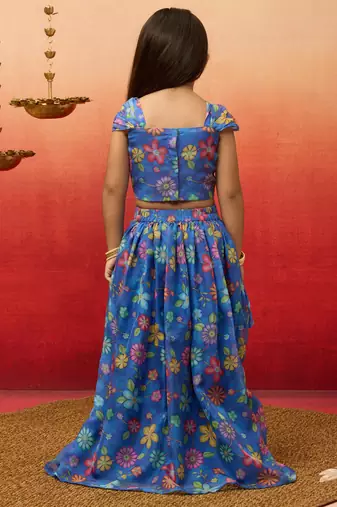 girls blue organza lehenga set - embroidered diwali festival outfit