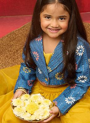 girls yellow lehenga set with jacket - sequined diwali party outfit 1