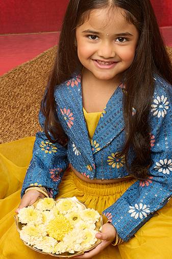 Vastramay girls yellow lehenga set with jacket - sequined diwali party outfit