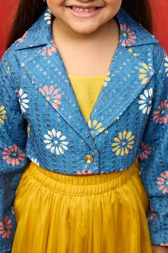 girls yellow lehenga set with jacket - sequined diwali party outfit