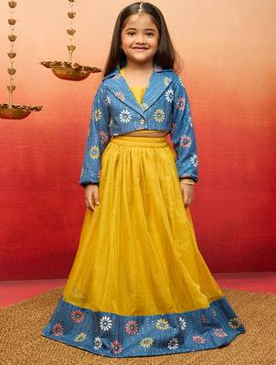 girls yellow lehenga set with jacket - sequined diwali party outfit 3