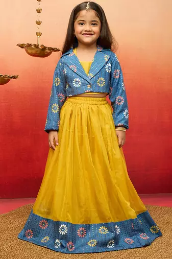 girls yellow lehenga set with jacket - sequined diwali party outfit