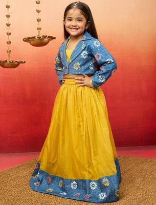 girls yellow lehenga set with jacket - sequined diwali party outfit 4