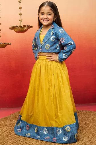 girls yellow lehenga set with jacket - sequined diwali party outfit