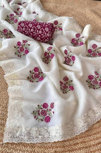 White crush georgette chiffon with embroidered work saree with unstitched blouse