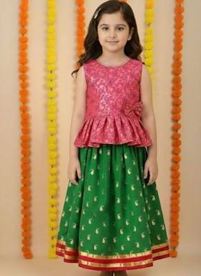 girls pink peplum top with green printed ghagra 8