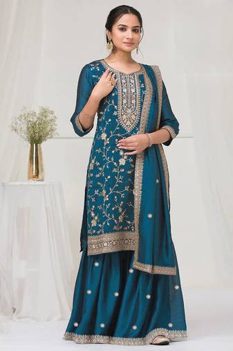 Dark aqua blue color embroideried faux chiffon semi stitched salwar suit