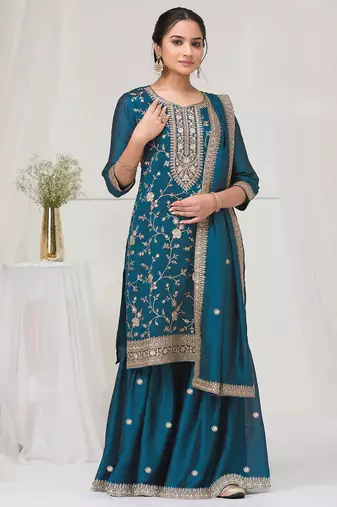 Dark aqua blue color embroideried faux chiffon semi stitched salwar suit