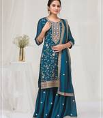 Dark aqua blue color embroideried faux chiffon semi stitched salwar suit