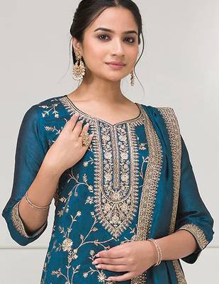 Dark aqua blue embroidered faux chiffon salwar suit 2