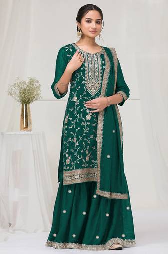 Dark green color embroideried faux chiffon semi stitched salwar suit