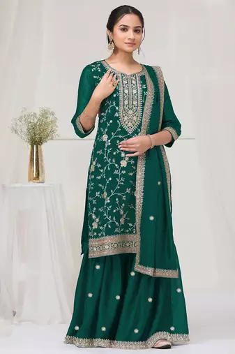 Dark green color embroideried faux chiffon semi stitched salwar suit