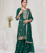 Dark green color embroideried faux chiffon semi stitched salwar suit