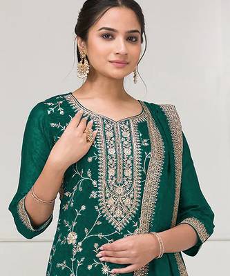 Dark green embroidered faux chiffon salwar suit 2