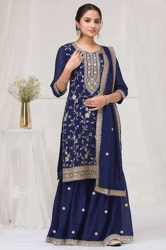 Navy blue blue color embroideried faux chiffon semi stitched salwar suit