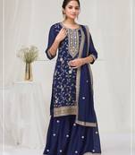 Navy blue blue color embroideried faux chiffon semi stitched salwar suit
