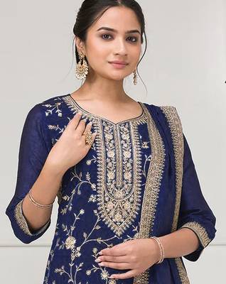 Navy blue blue embroidered faux chiffon salwar suit 2