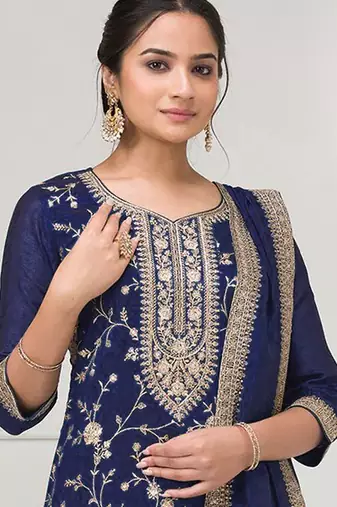 Navy blue blue embroidered faux chiffon salwar suit