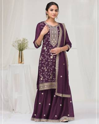 Purple embroidered faux chiffon salwar suit 1