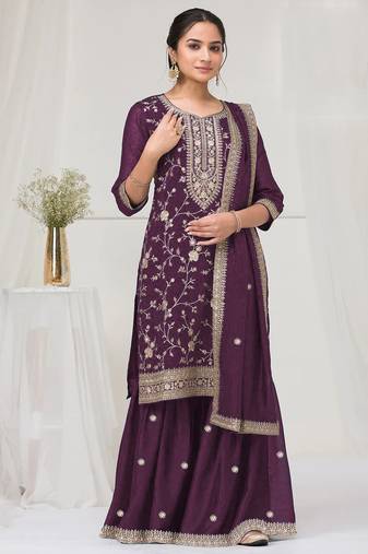 Purple color embroideried faux chiffon semi stitched salwar suit