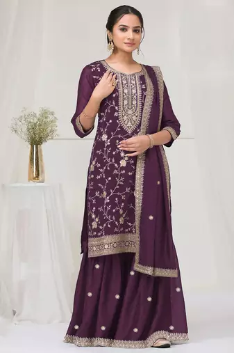 Purple color embroideried faux chiffon semi stitched salwar suit