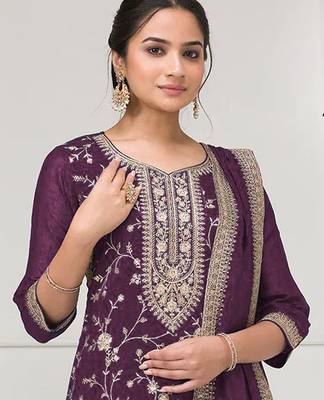 Purple embroidered faux chiffon salwar suit 2