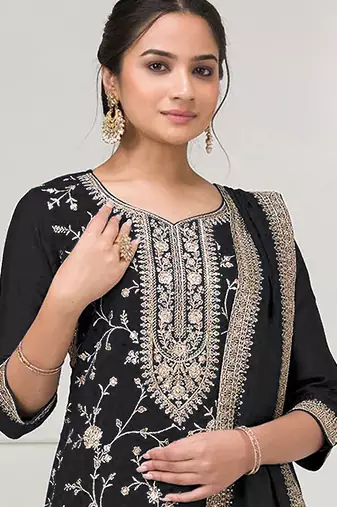Black embroidered faux chiffon salwar suit