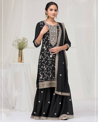 Black embroidered faux chiffon salwar suit 1