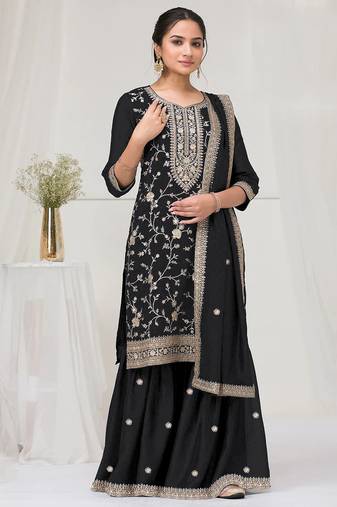 Black color embroideried faux chiffon semi stitched salwar suit
