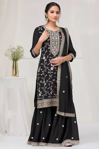 Black color embroideried faux chiffon semi stitched salwar suit